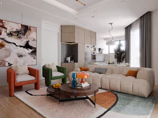 Modern Living room design with Brown, orange and green accents
