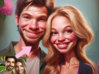 Create humorous exaggerated feature image from client photo