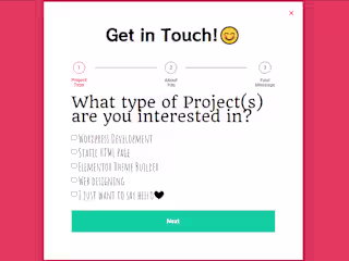 Portfolio site | Contact me pop up
