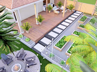 Back yard landscape design with patio, garden and firepit