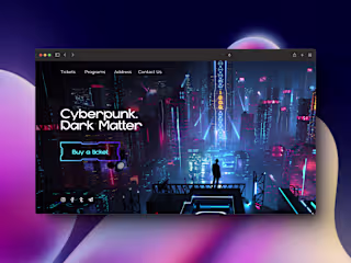 Landing page for a party CYBERPUNK. DARK MATTER