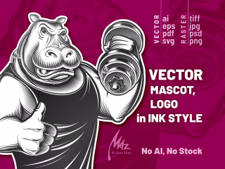 Samples of Vector mascot, logo, sticker in ink engraving linocut