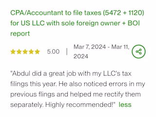 CPA/Accountant to file taxes (5472 + 1120) for US LLC with sole 