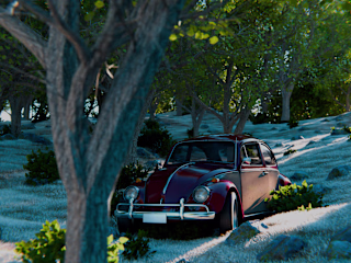 "Vintage Serenity: Beetle Car Amidst Peaceful Forest"
