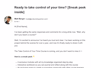 The Take Control of Your Time Course | Launch Email Sequence