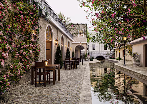 An elegant riverside cafe blending timeless architecture wit...