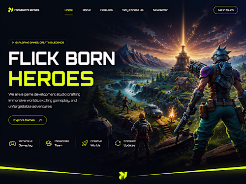 Flick Born Heroes is a gaming-themed landing page built in W...