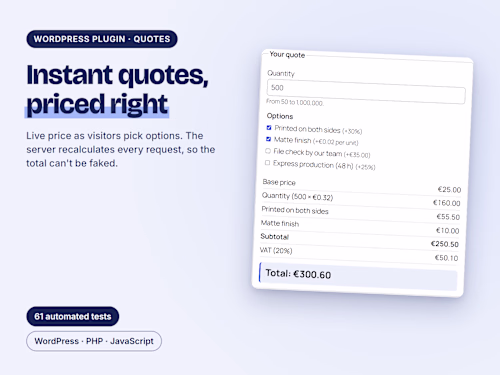 Live Quote Calculator for WordPress, Priced on the Server