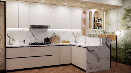 Complete L Shape Modern Modular Kitchen Design with Baar Cou...