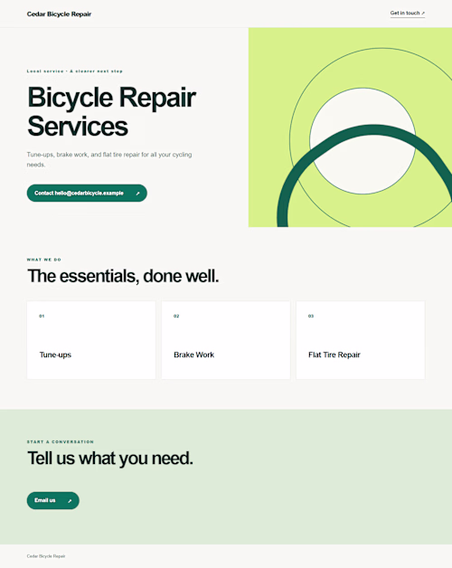 Fictional demo: Cedar Bicycle Repair website