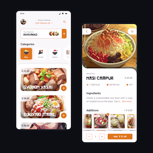 Interfaces of a food app,