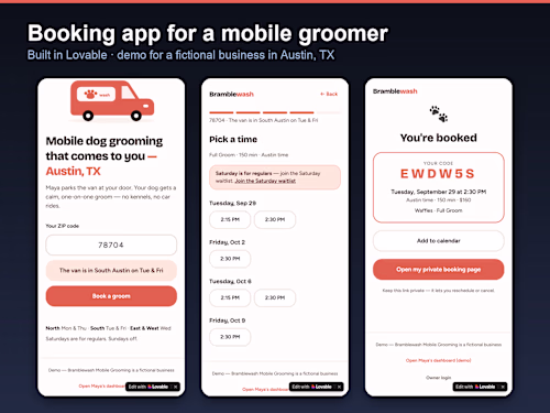 Booking app for a mobile dog groomer (Lovable demo)