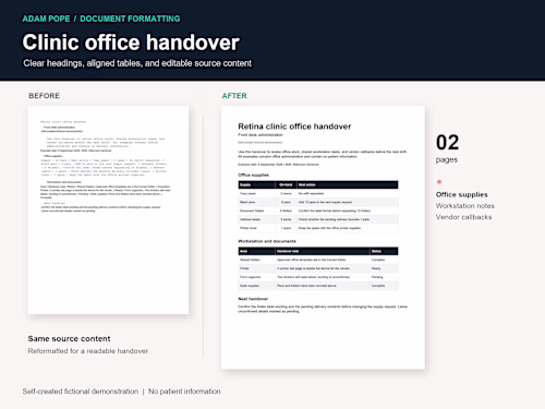 Clinic office handover — document formatting sample