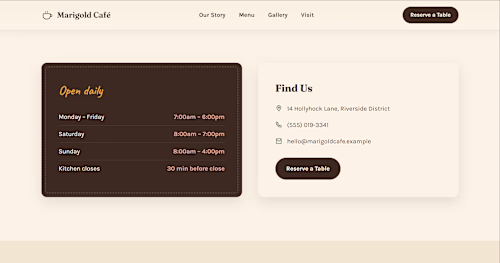 A hand-coded, single-page cafe website