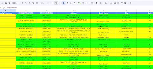Sample lead list layout from
