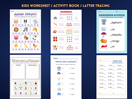 KIDS WORKSHEET, ACTIVITY BOOK, LATTER TRACING, COLORING 
