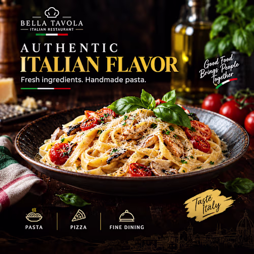 A delicious pasta social media design with a modern, appetiz...