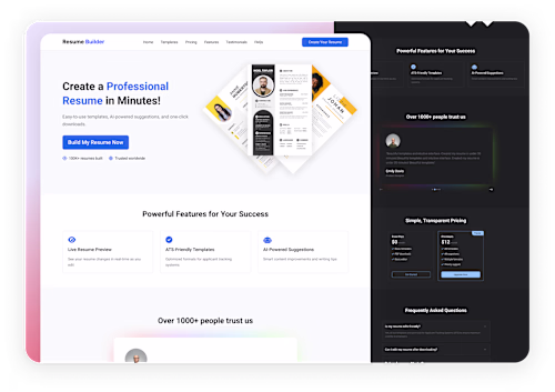 Light-Mode & Dark Mode Resume Builder Landing Page