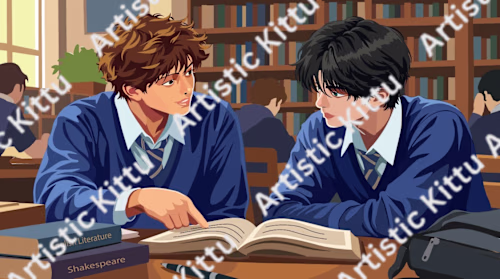 A fully illustrated library scene