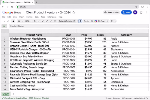 Created a sample Google Sheets