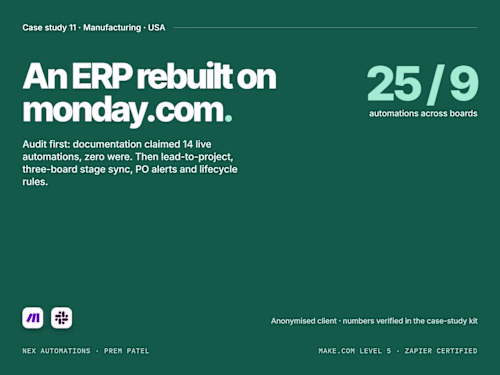 monday.com ERP audit and rebuild with Make.com: 25 automations