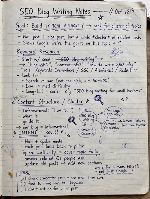 SEO Blog Writing Notes - My Handwritten Process