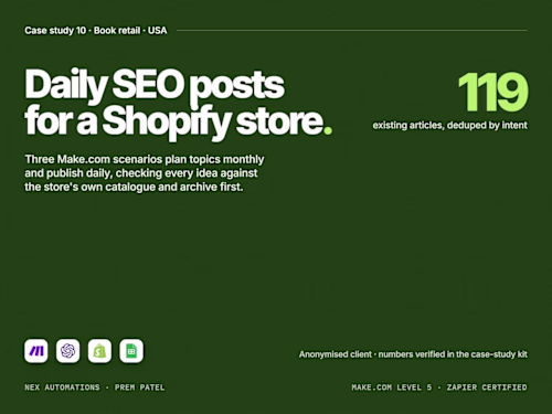 Daily SEO publishing for Shopify on Make.com and OpenAI