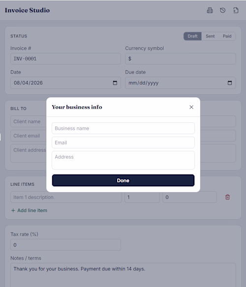 Custom Invoicing Tool with Live Preview & PDF Export