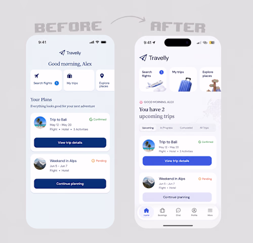 Travelly - Travel App UI/UX Redesign (Before & After)