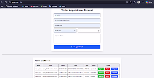 Visitor Appointment Management System
Tech: React
