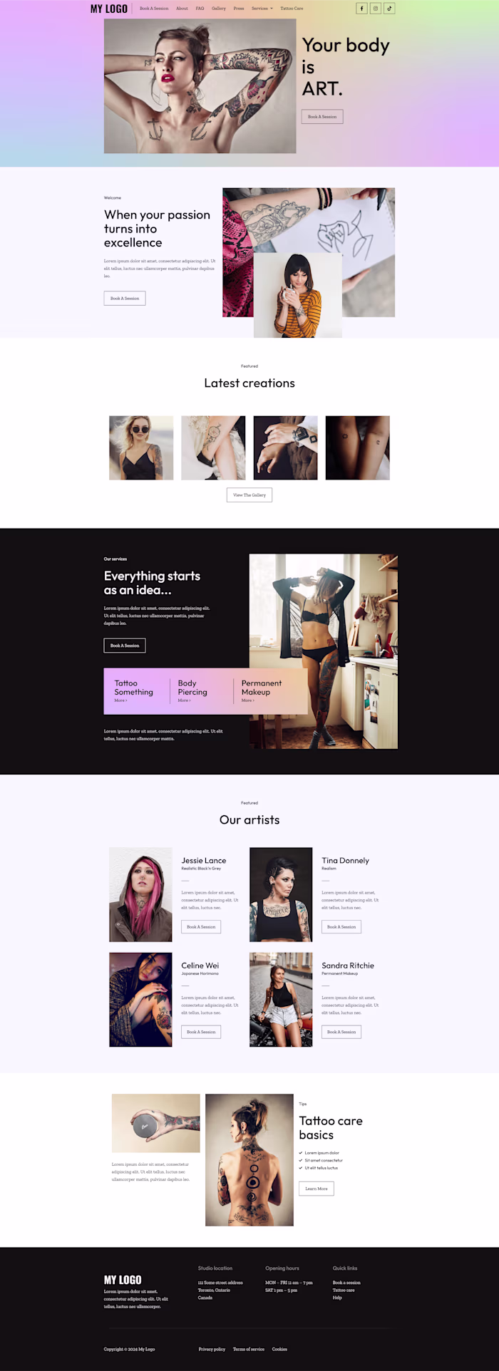 Bold Website UI Design for Tattoo & Piercing Studios