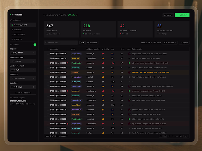 VFX shot tracking table concept.