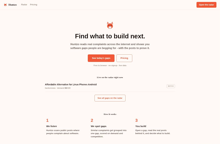 Huntzo: a radar for software gaps people want built