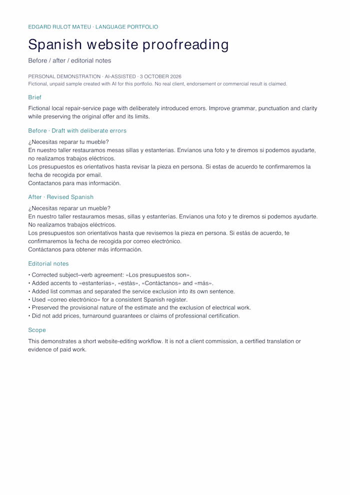 Spanish website proofreading | AI-assisted demo