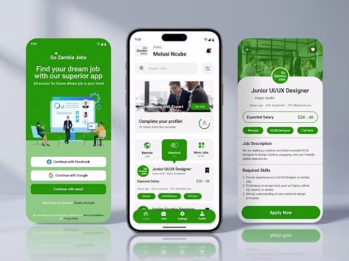 Designing this Go Zambia Jobs mobile app mockup was driven b...