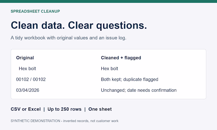 Synthetic Excel cleanup demo: I