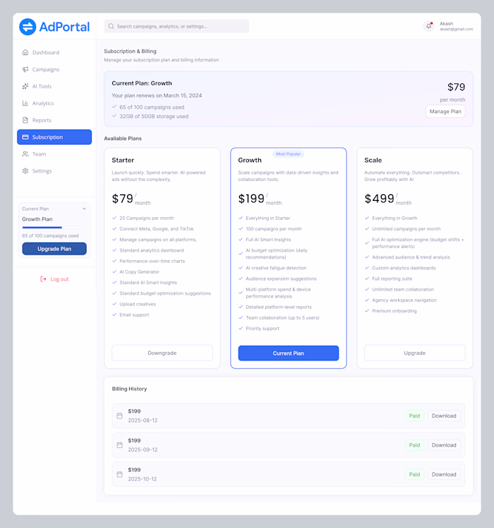 AdPortal – Subscription & Billing Dashboard UI Design