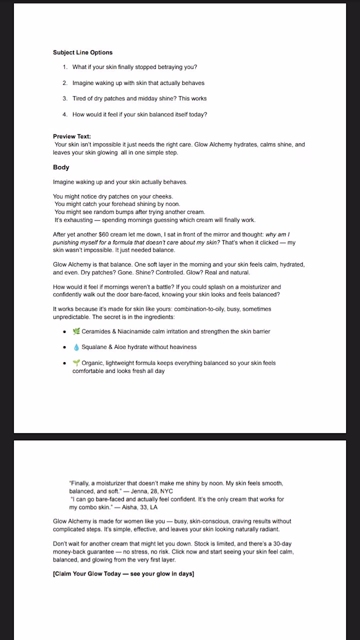 This email copy will drive measurable results for Glow Alche...