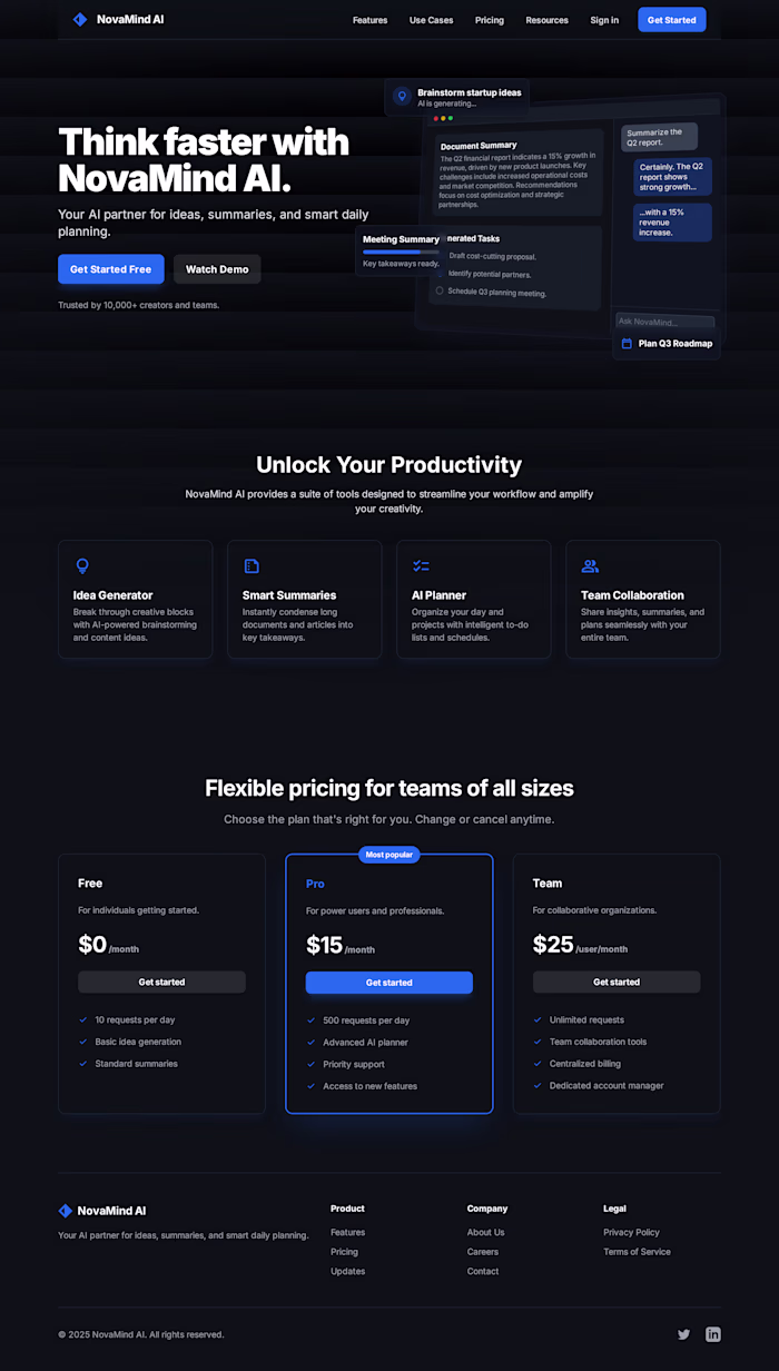 NovaMind AI – Light & Dark SaaS Landing Page