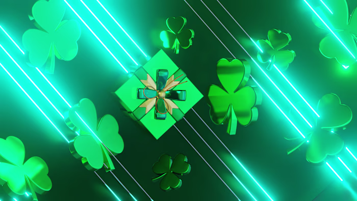3D render of gift box and shamrocks for St. Patricks day