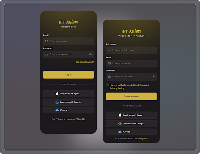 JetAmerica – Premium Sign In & Sign Up UI Design A premium d...