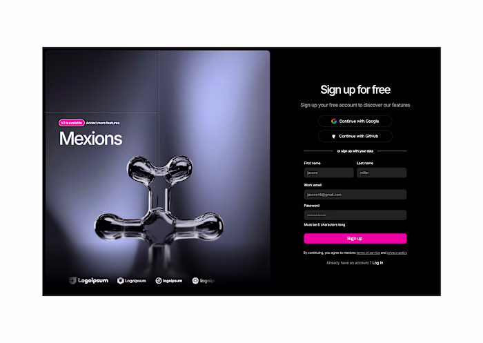 Sign up/in page for Mexions