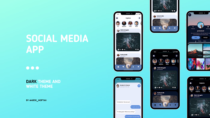social media app design dark theme - white theme