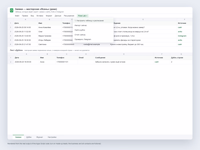 Leads to Google Sheets with Telegram alerts and a report