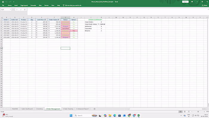 Created an Excel order management
