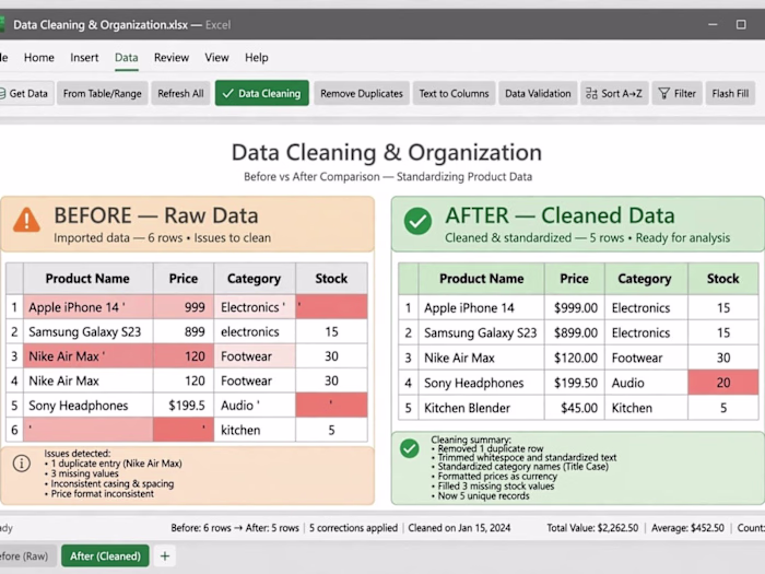 Excel Data Cleaning & Organization