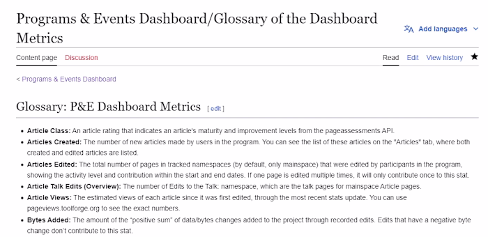 Programs and Events Dashboard Glossary(METRICS)