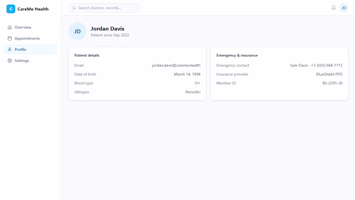 A patient portal template reflecting