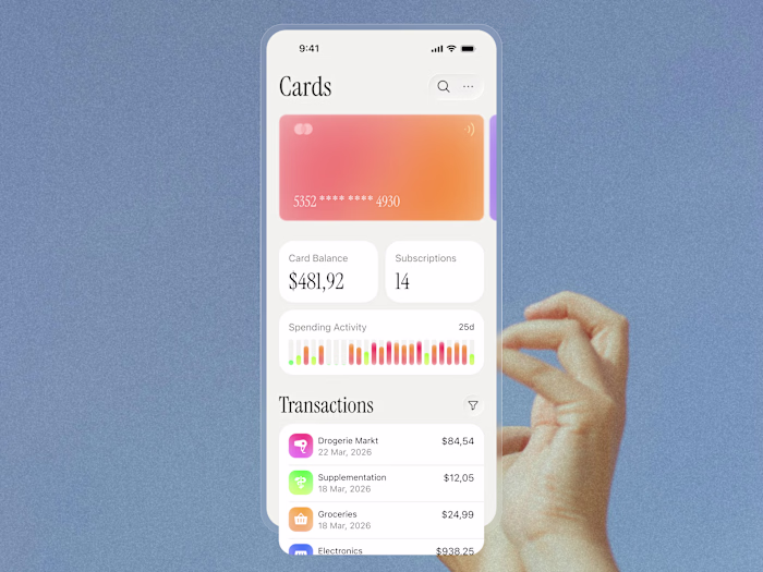 Mobile card management screen. Balance,