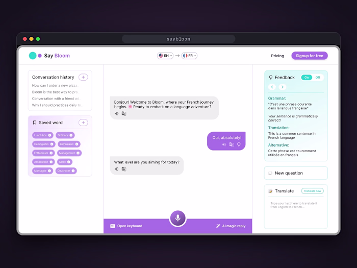 SayBloom: product UI and UX design in Figma